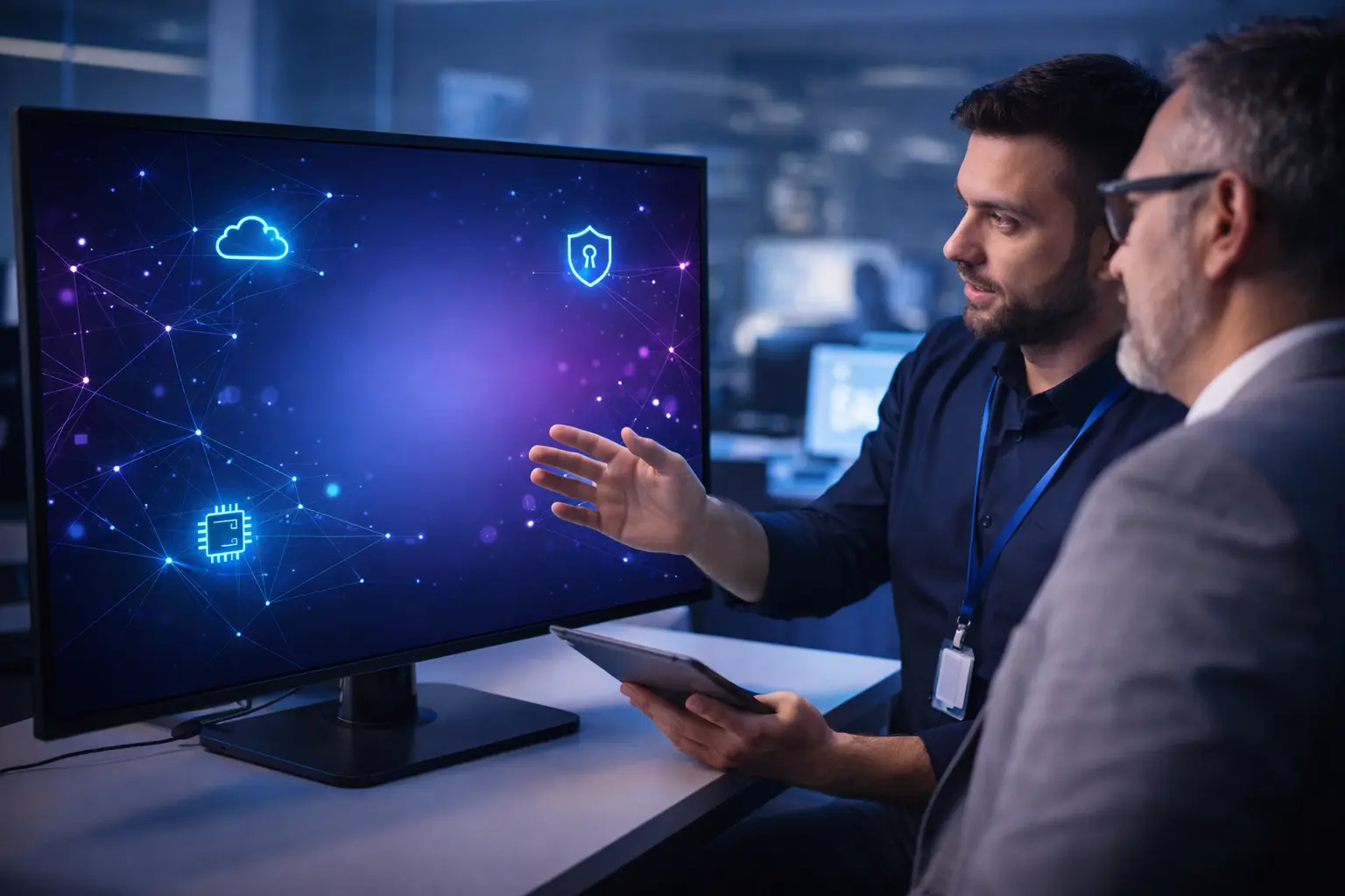 two persons looking at a Screen talking about IT-Tasks